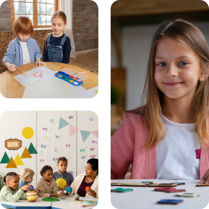 Children engaged in Montessori learning activities showing hands-on educational experiences